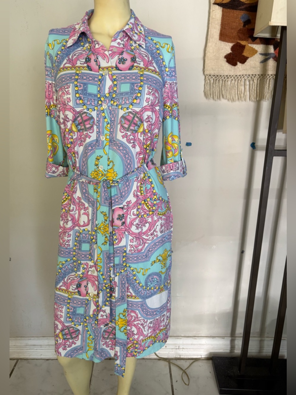 J.McLaughlin Multi Pastel Colored Floral Shirt Dress and Belt Size Small